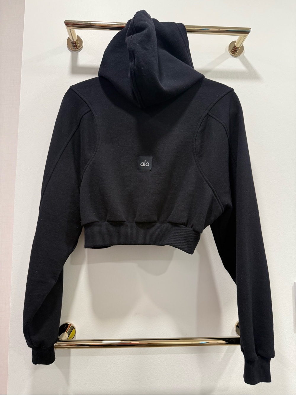 ALO Yoga Black Cropped Hoodie with Logo Patch